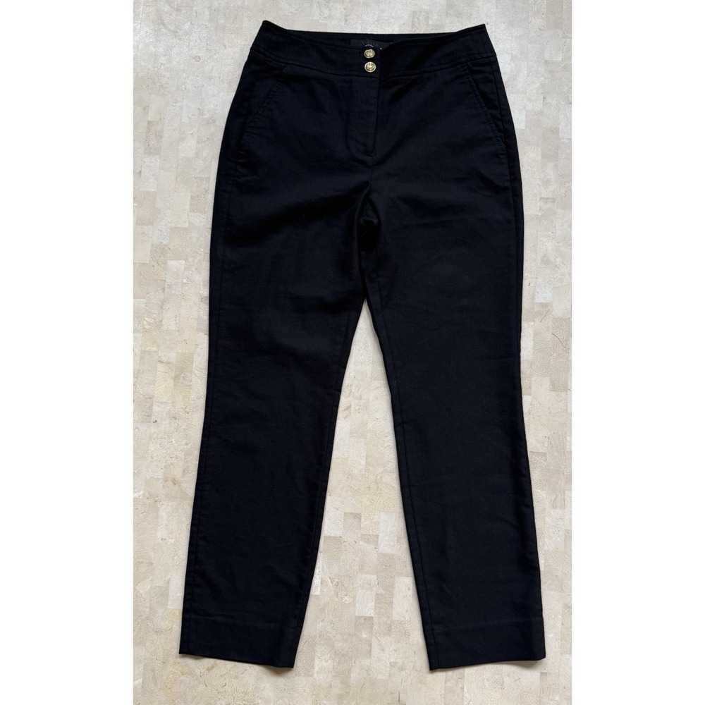 White House Black Market Black Career Linen Blend Pants Gold button Accents Sz 2